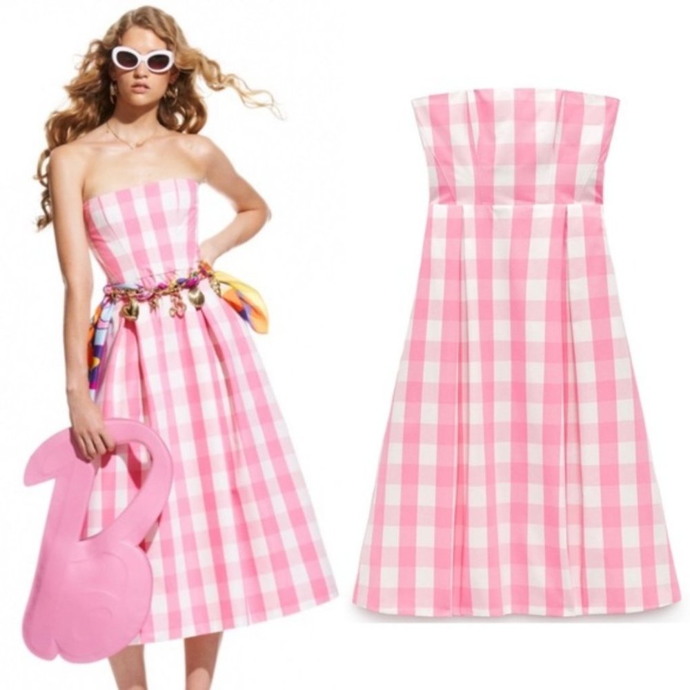 ZARA X BARBIE™ THE MOVIE Pink Gingham Strapless Dress